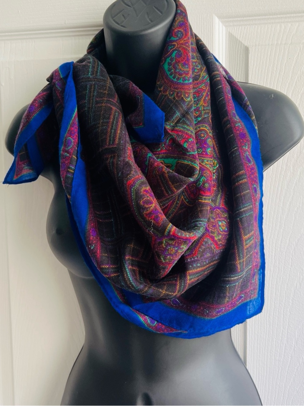 Women's Multicolor Paisley Silk-Blend Scarf with Blue Border